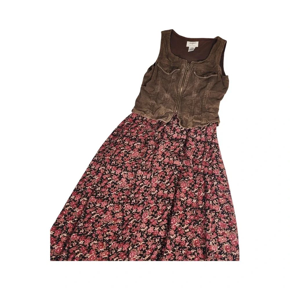 S. Roberts Vintage 90s Corduroy Floral Mixed‎ Midi Dress Brown Pink Friends 5/6